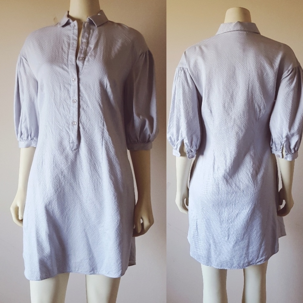 Swiss Dot Mini Shirt Dress in Light Blue/Gray